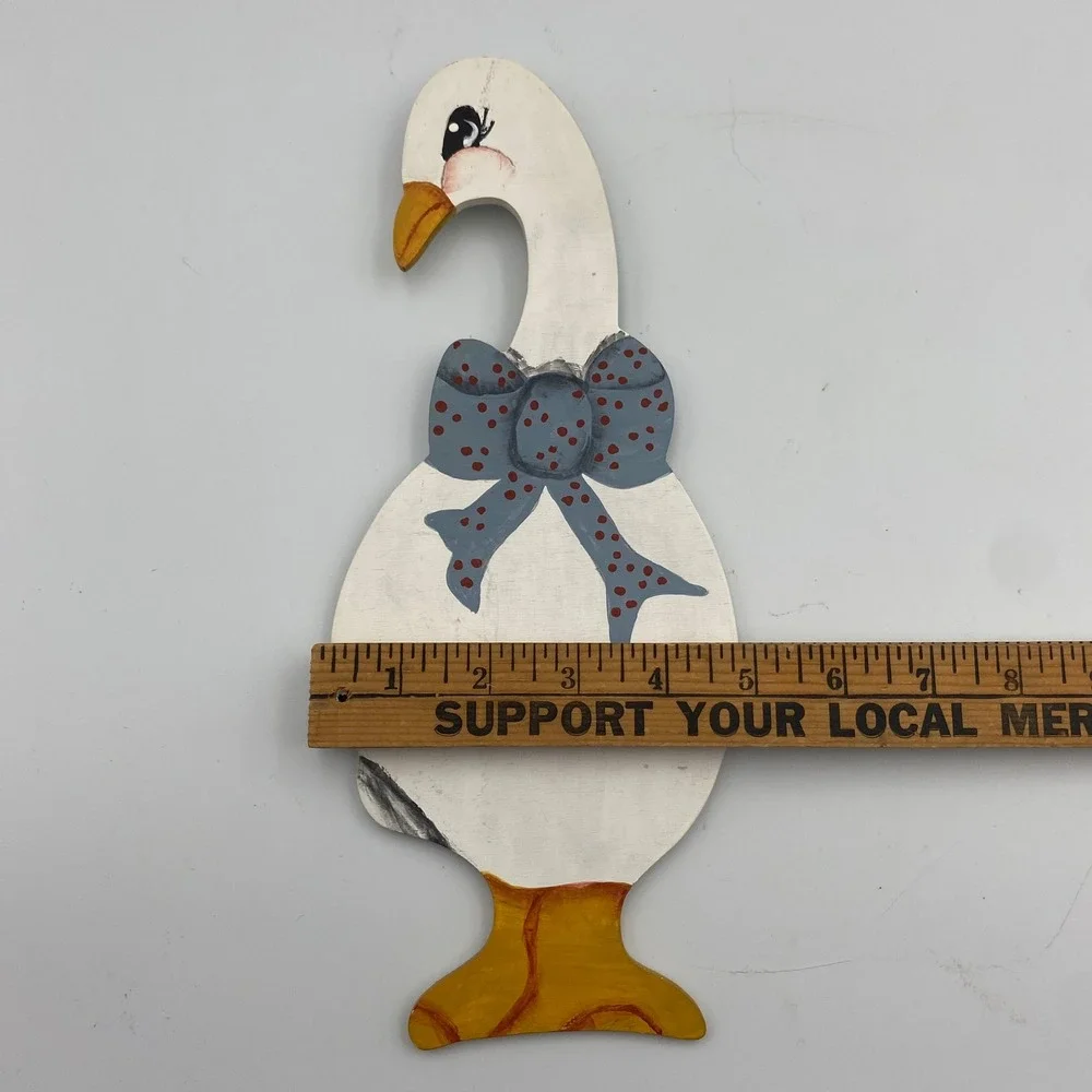 Vintage Hand Painted Wooden Goose Wall‎ Hanging Farmhouse Decor Blue Bow 12 in